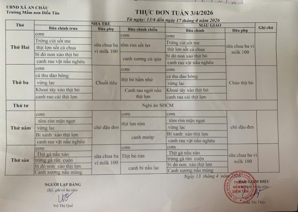 Thực đơn Tuần 3 tháng 4 năm 2026