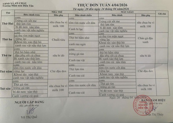 Thực đơn tuần 4 tháng 4 năm 2026