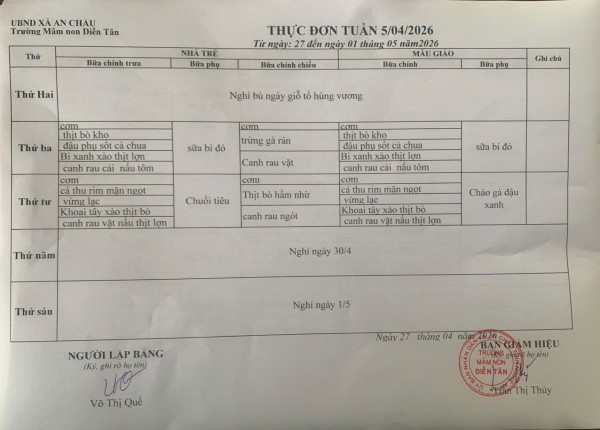 Thực đơn tuần 5 tháng 4 năm 2026