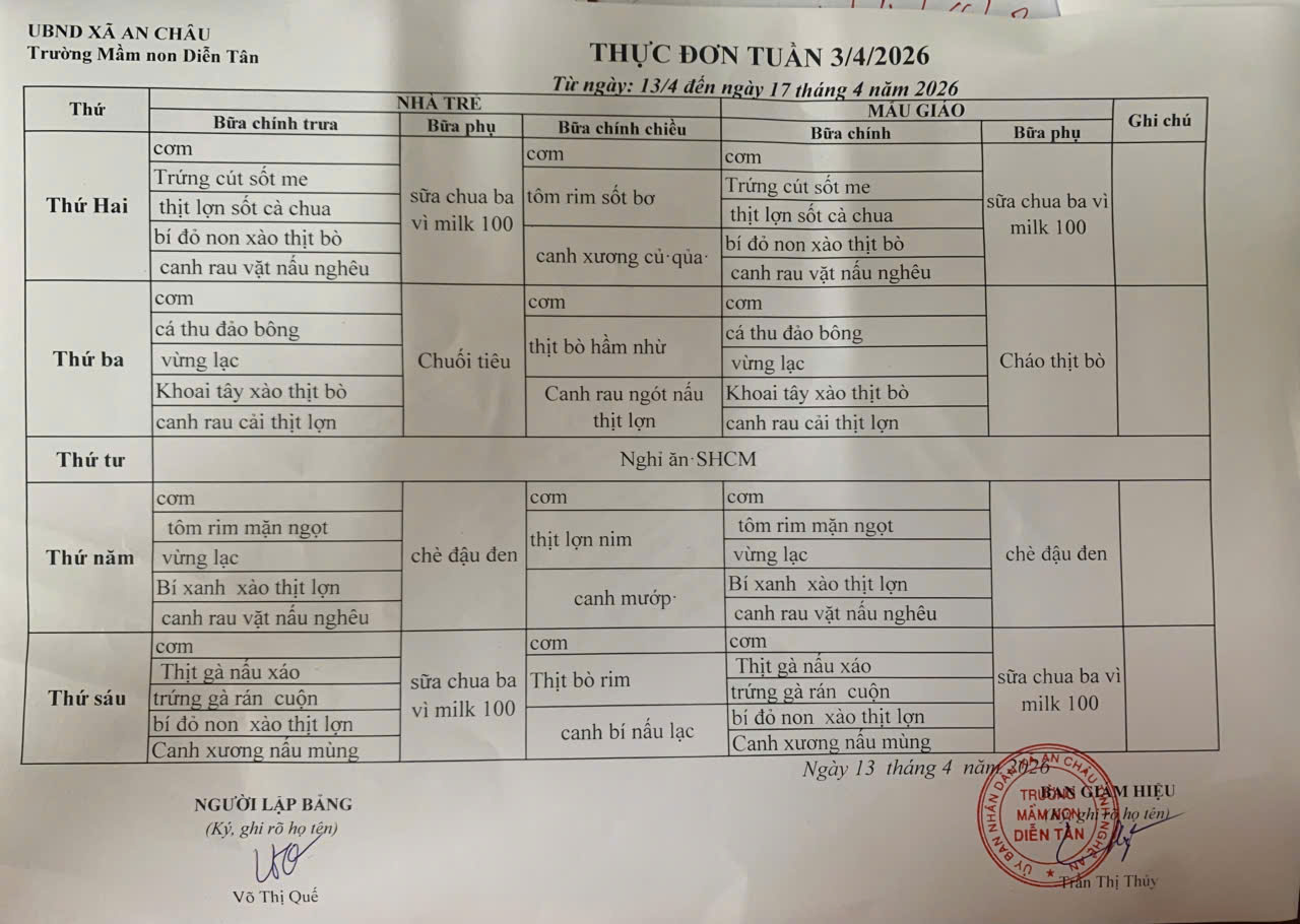 Thực đơn Tuần 3 tháng 4 năm 2026